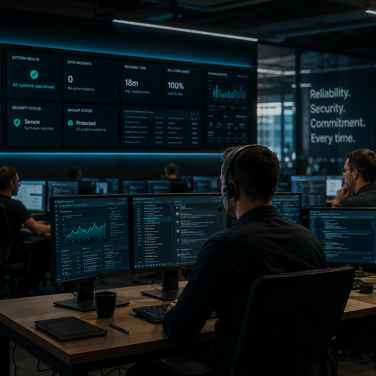 Certus ITM operations team monitoring system health, security and SLA compliance dashboards